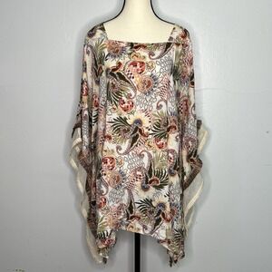 CHICO'S Multi Printed Poncho Top Size L/XL Lace/Crotchet Trimed Square Neck Boho